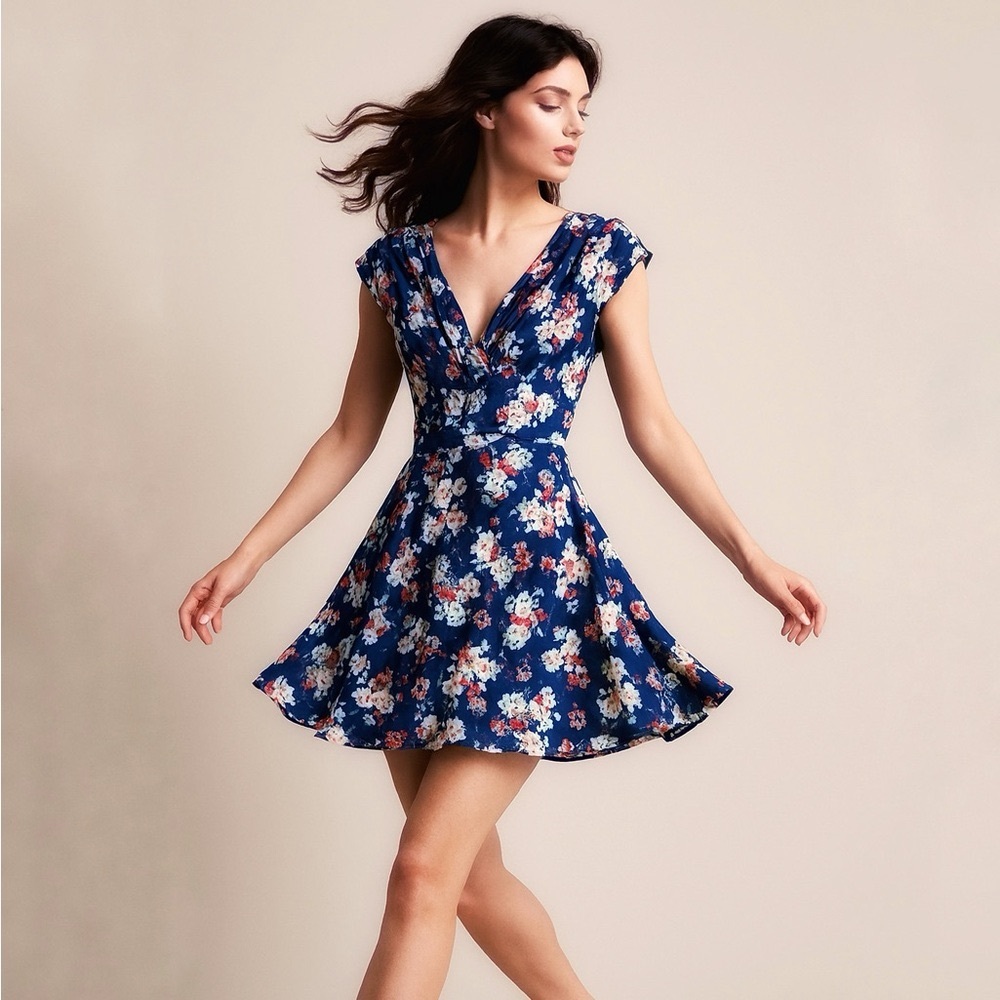 NWOT Unique Vintage Sateen Olivia Navy Floral Print Dress Size M Wedding Guest